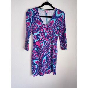 Lilly Pulitzer Dress XS Pink Blue good V-Neck 3/4 Sleeve Paisley Bodycon T-shirt
